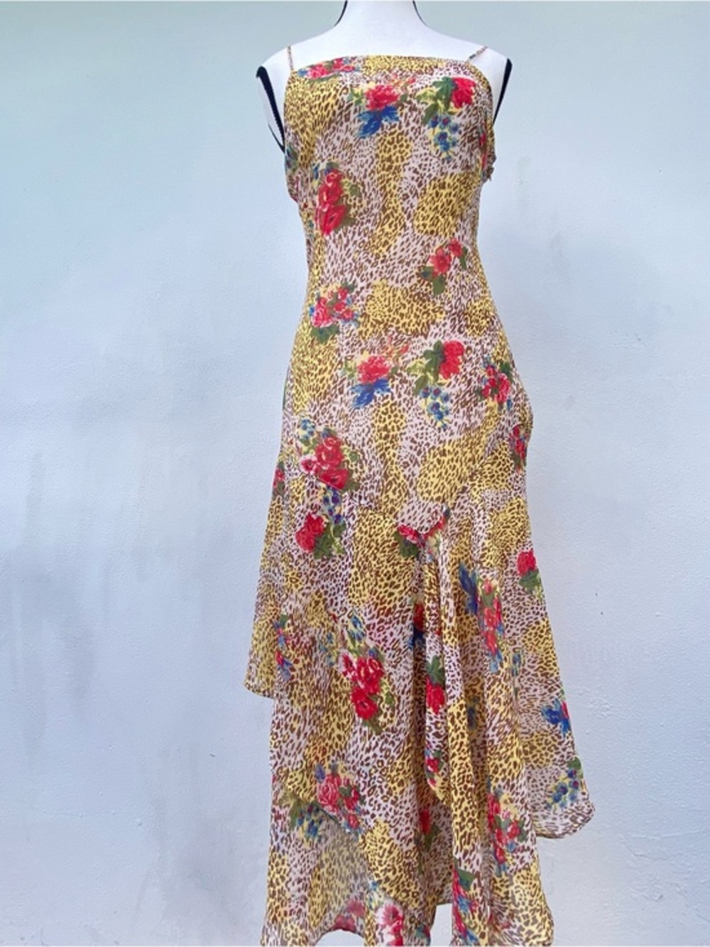 Urban Outfitters Tan Leopard Floral Whimsy Asymmetrical Slip Dress Size Small